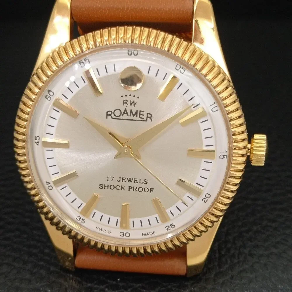 Vintage 1973 Roamer Manual Mens Gold Watch W/Leather Strap & Silver accents